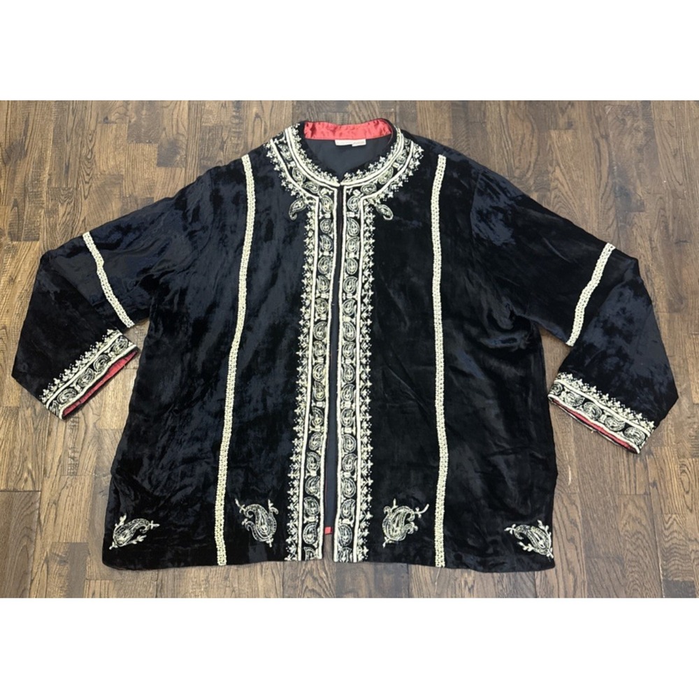 Soft Surroundings Velvet Jacket 3X Black Embroidered Open Front Red Lined EUC